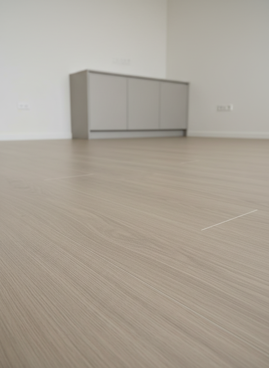 A close-up, detailed view of hybrid flooring planks laid in a seamless pattern across a minimalist open-plan interior. The planks show a realistic wood-look surface in cool beige tones with fine, crisp grain lines and beveled edges, meeting perfectly with no visible gaps. Neutral off-white walls and a simple built-in cabinet in soft matte grey sit in the mid-ground, slightly out of focus. Soft studio lighting from above and from one side creates balanced, even illumination, with subtle highlights along the edges of each plank. Captured from a low, eye-level angle along the floor’s surface, with a shallow depth of field leading toward a softly blurred background, the mood is precise, technical, and reassuringly professional, emphasizing durability, alignment, and the clean, modern character of hybrid flooring.