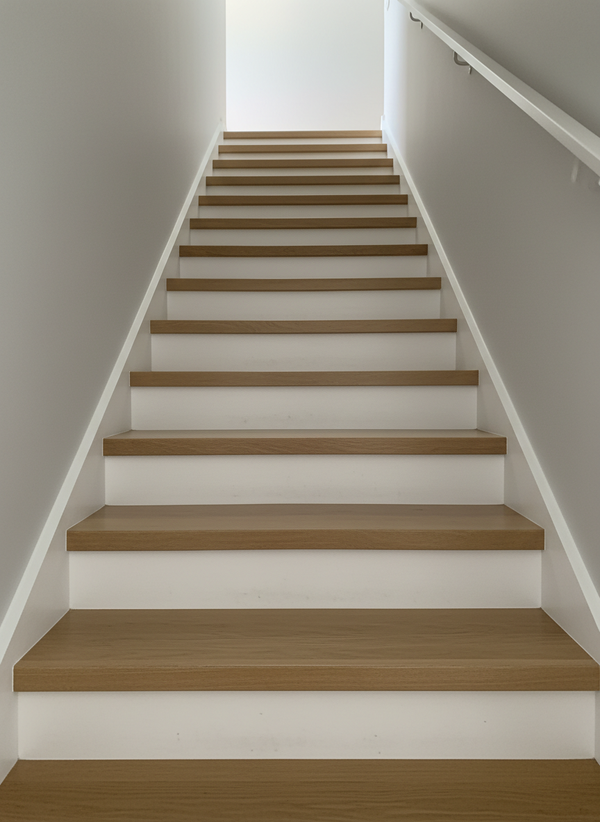 A meticulously finished stairway featuring matching timber flooring on each step, with flush nosings and crisp white risers, illustrating seamless integration between levels. The timber is a neutral light oak tone with subtle grain and a matte protective finish, running consistently from the landing onto each tread. A simple, muted grey wall runs alongside, with a minimalist white handrail just visible at the frame’s edge. Soft natural light filters from an unseen window above, casting gentle, downward shadows that emphasize each step’s geometry. Photographed from the bottom of the staircase looking upward at a low angle, the composition uses leading lines to draw the viewer’s eye along the steps. The atmosphere is polished and dependable, with a structured, photographic realism that highlights detail, safety, and the quality of installation.