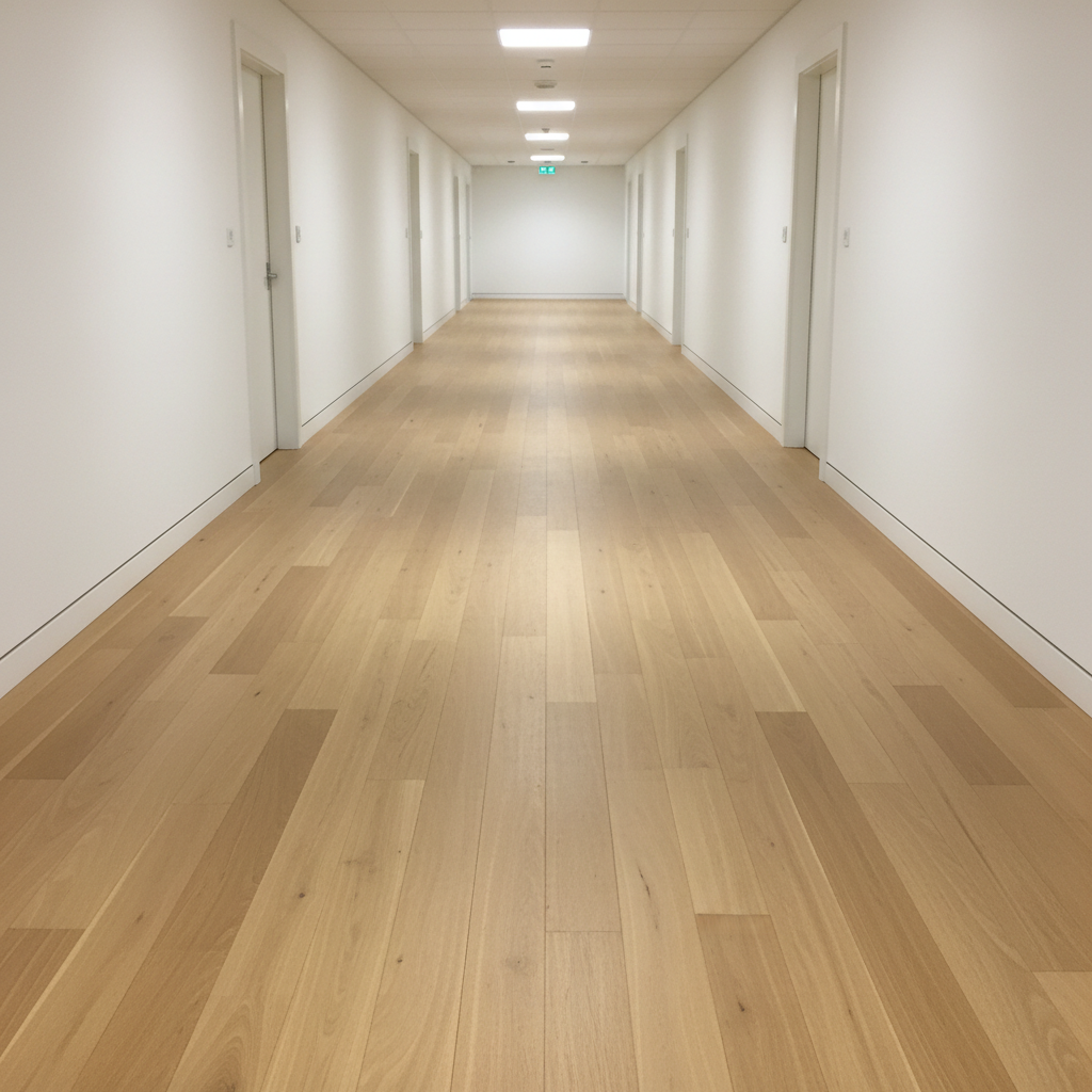 A bright, unfurnished hallway with long, straight timber flooring planks running the full length of the space, showcasing meticulous installation and perfect alignment. The flooring has a satin finish in neutral honey-brown tones, reflecting a delicate sheen from overhead recessed downlights. White walls and doors with simple, square-edged trims enhance the clean, corporate aesthetic. The image is captured from a slightly elevated angle at one end of the corridor, using the rule of thirds to place the converging plank lines off-center, creating depth and direction. Gentle, soft-edged shadows fall along the skirting, adding dimension without clutter. The atmosphere is orderly, efficient, and trustworthy, with photographic realism and a minimalist, structured layout that highlights the precision and cost-effective quality of the flooring work.